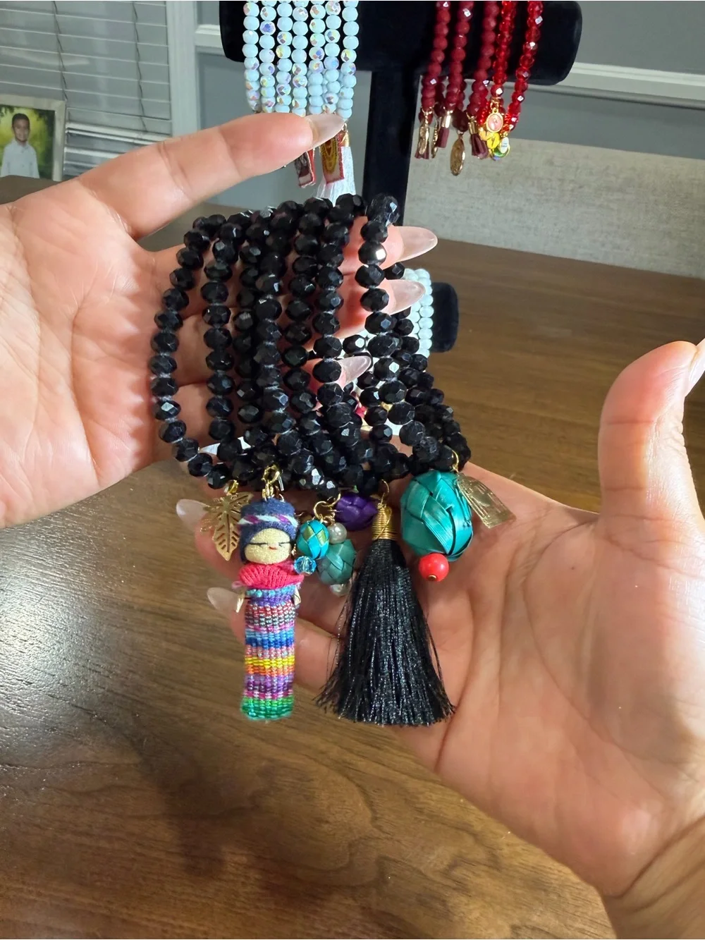 Black Beaded Multi-Charm Wrap Bracelet with Tassel and Bead Charms
